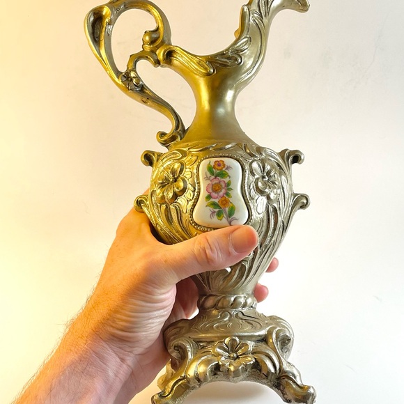 Vintage Spelter French Style Urn/Ewer with Porcelain Floral Medallion - Picture 2 of 14